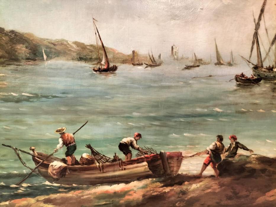Large Marine Oil-on-Canvas Breton Fisherman in Original Frame, 19th Century