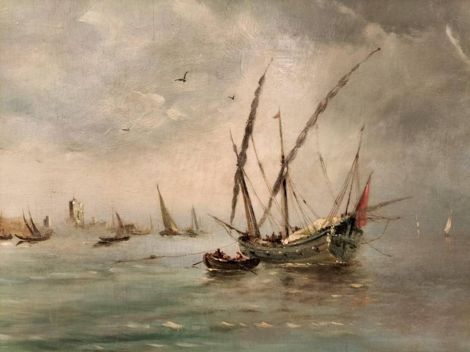 Large Marine Oil-on-Canvas Breton Fisherman in Original Frame, 19th Century