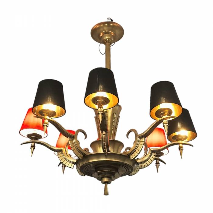 Eight-Armed Chandelier with Red or Black Lampshades, Art Deco, Mid-20th Century