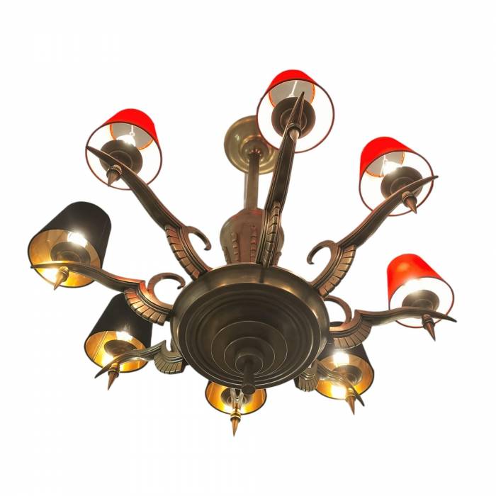 Eight-Armed Chandelier with Red or Black Lampshades, Art Deco, Mid-20th Century