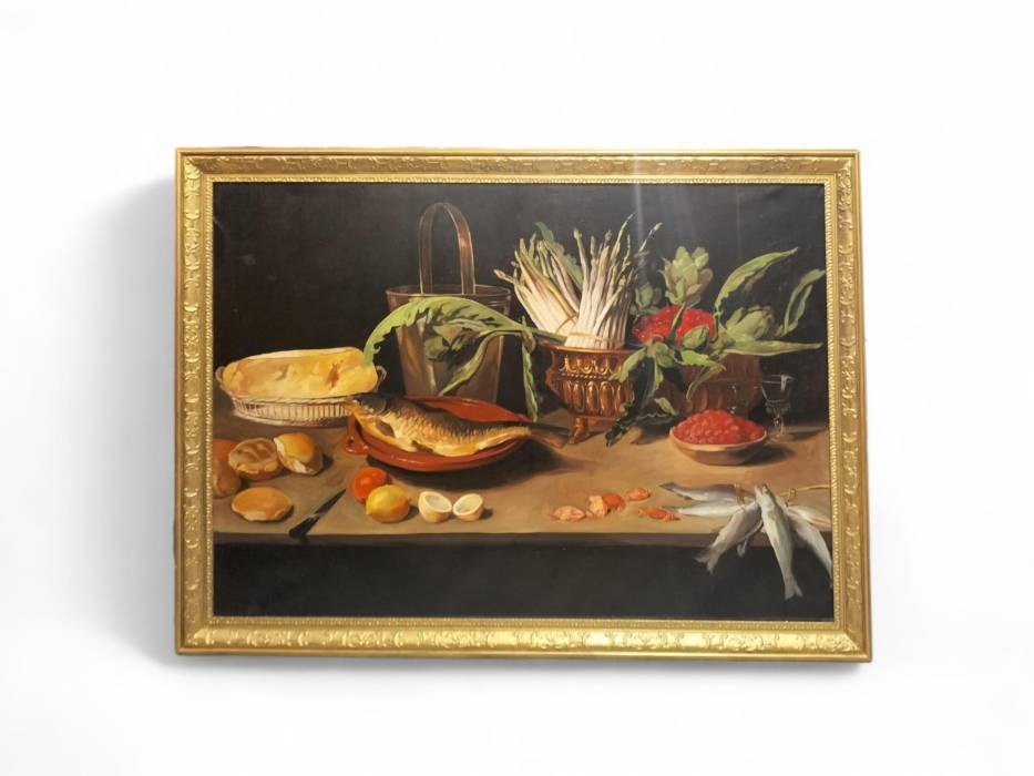 Large Still Life with Fish Oil-on-Canvas in Gilded Frame, 152cm x 112cm