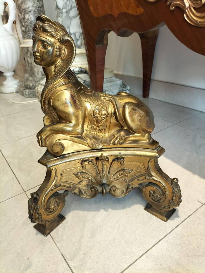 Pair of 19th Century Gilt Bronze Fire Dogs in the Ancient Egyptian Style