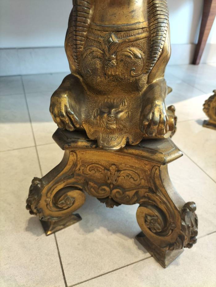 Pair of 19th Century Gilt Bronze Fire Dogs in the Ancient Egyptian Style