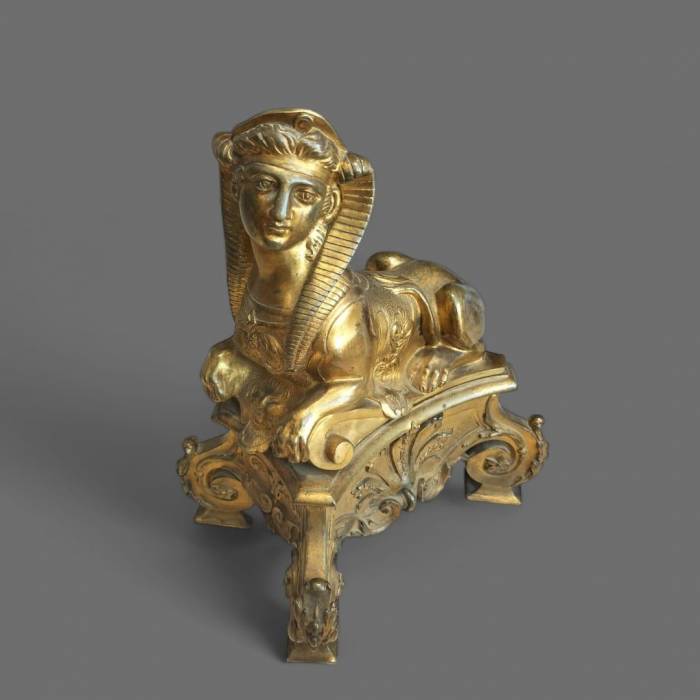 Pair of 19th Century Gilt Bronze Fire Dogs in the Ancient Egyptian Style