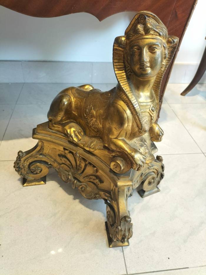 Pair of 19th Century Gilt Bronze Fire Dogs in the Ancient Egyptian Style