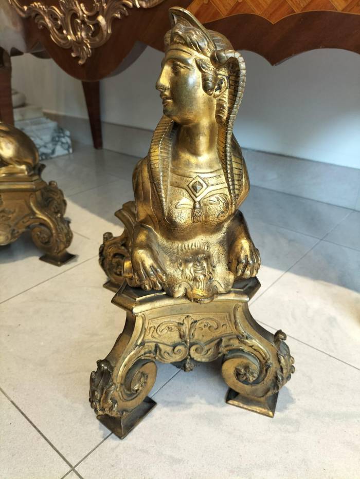 Pair of 19th Century Gilt Bronze Fire Dogs in the Ancient Egyptian Style