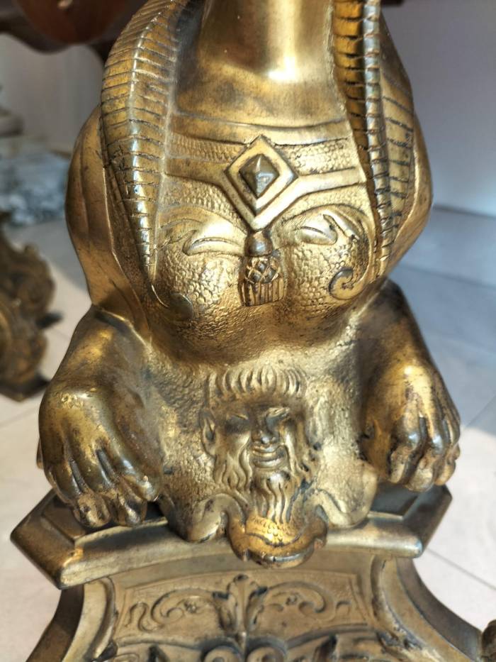 Pair of 19th Century Gilt Bronze Fire Dogs in the Ancient Egyptian Style