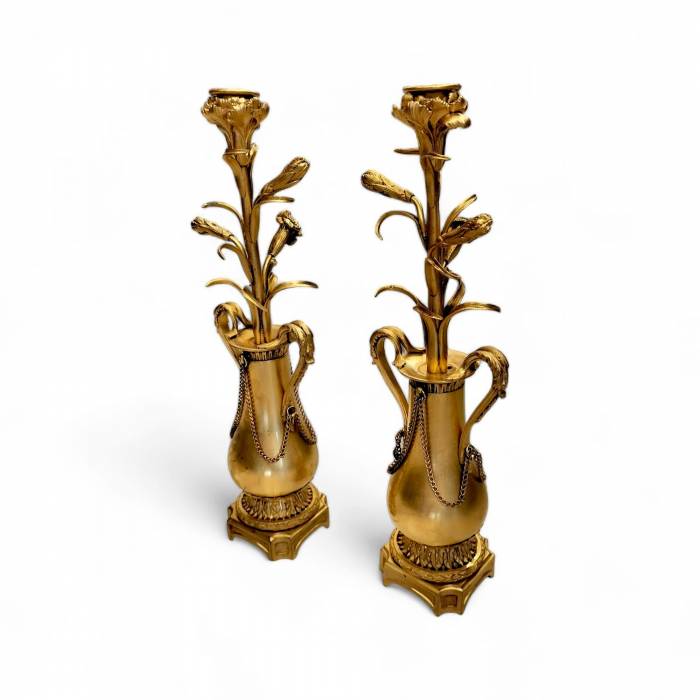 Pair of Gilded Candlesticks with Floral Pattern from Louis XVI (1774-1792)