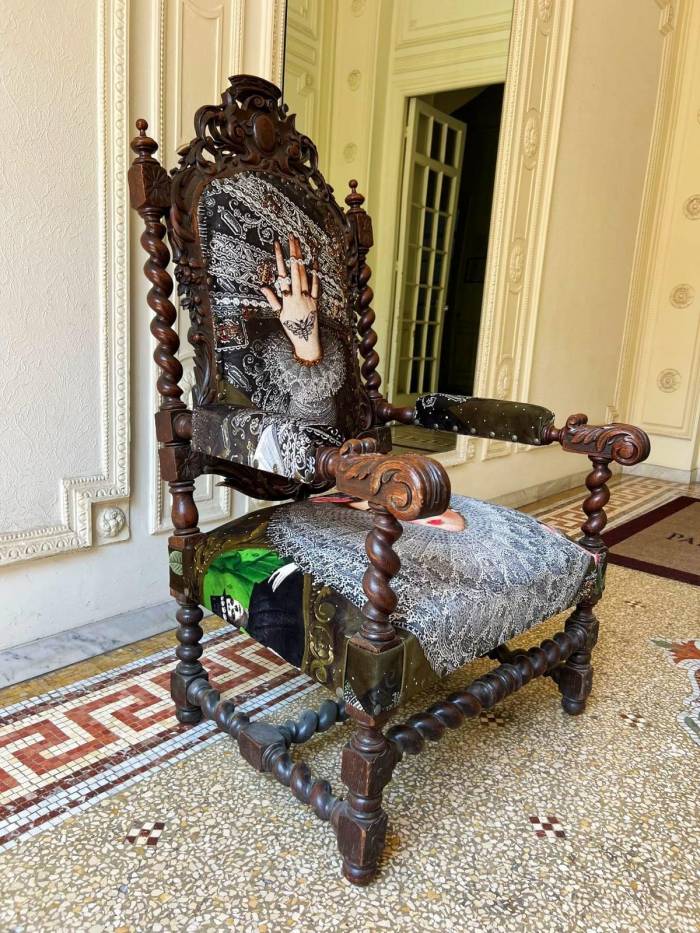 Unique and Large Carved Oak Armchair in Modern Fabric in the Style of Louis XIII