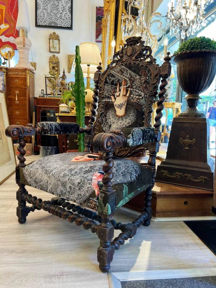 Unique and Large Carved Oak Armchair in Modern Fabric in the Style of Louis XIII