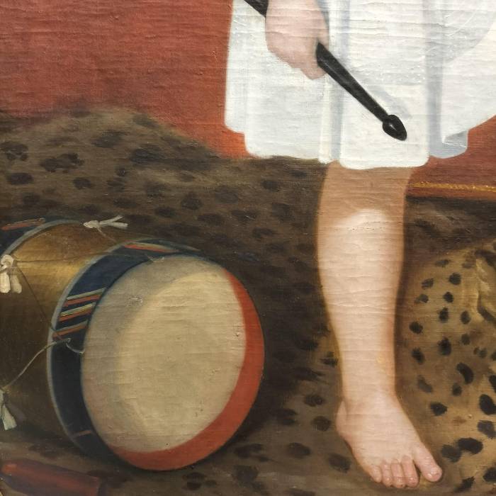 18th Century Oil Painting of Child with Tambourine Walking on a Panthera
