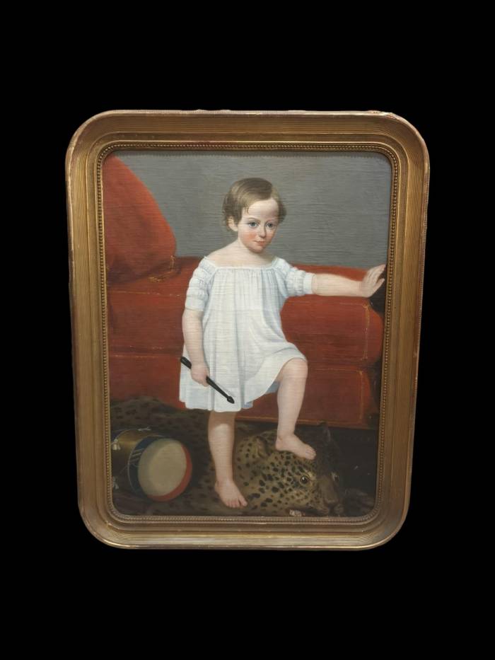 18th Century Oil Painting of Child with Tambourine Walking on a Panthera
