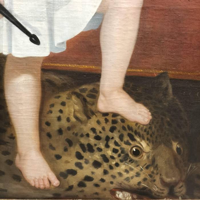 18th Century Oil Painting of Child with Tambourine Walking on a Panthera