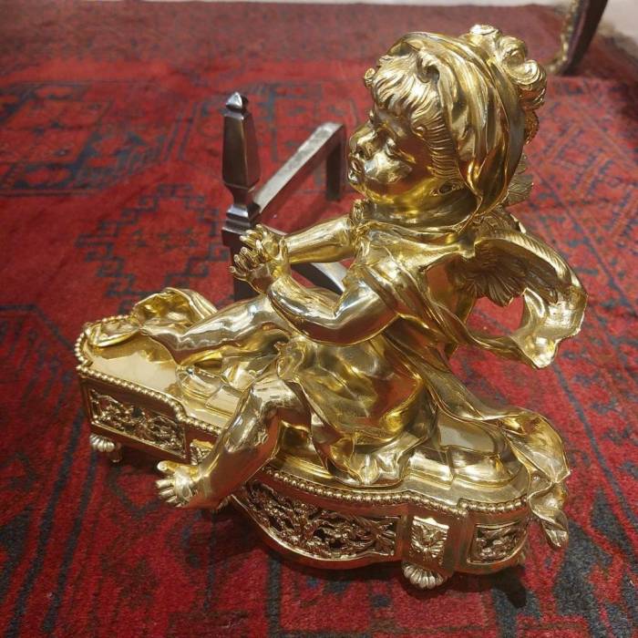 19th Century Pair of Putti Andirons in Gilt Bronze