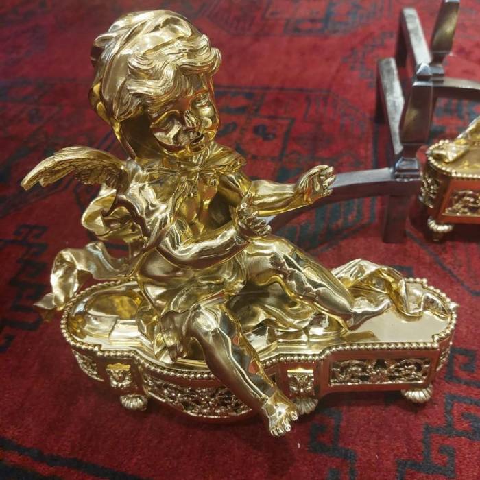 19th Century Pair of Putti Andirons in Gilt Bronze