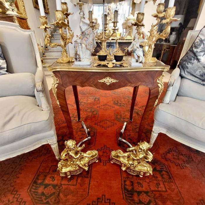 19th Century Pair of Putti Andirons in Gilt Bronze