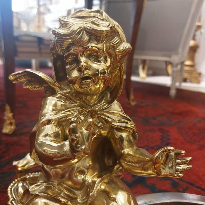 19th Century Pair of Putti Andirons in Gilt Bronze