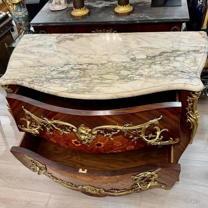 20th Century Louis XV Style Ceremonial Commode in Marquetry and Marble Top