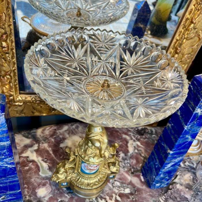 19th Century Cut Crystal Bowl on a Gilt Bronze Pedestal with Putti Motifs