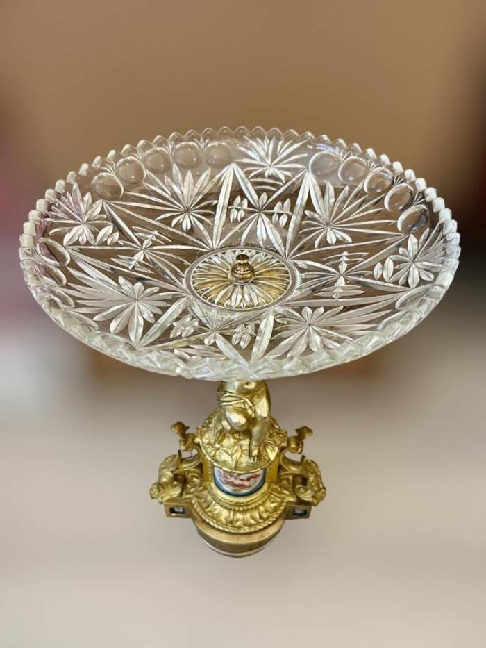 19th Century Cut Crystal Bowl on a Gilt Bronze Pedestal with Putti Motifs