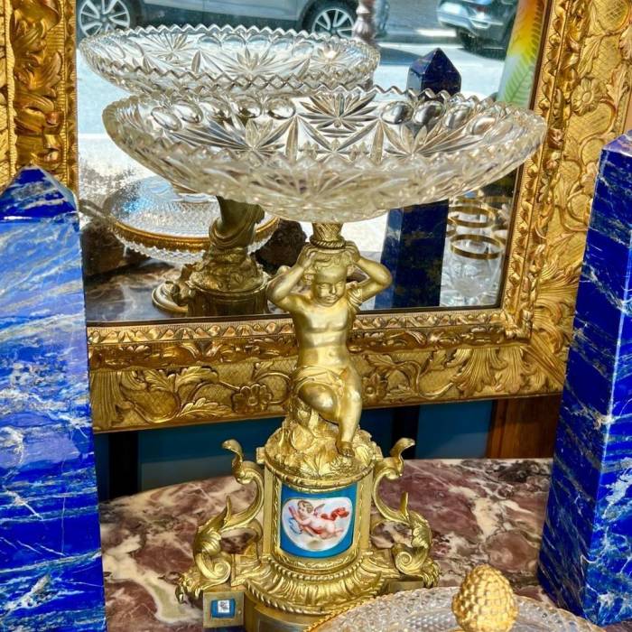 19th Century Cut Crystal Bowl on a Gilt Bronze Pedestal with Putti Motifs