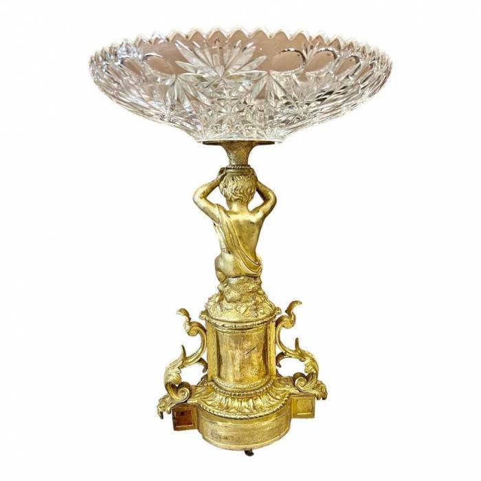 19th Century Cut Crystal Bowl on a Gilt Bronze Pedestal with Putti Motifs