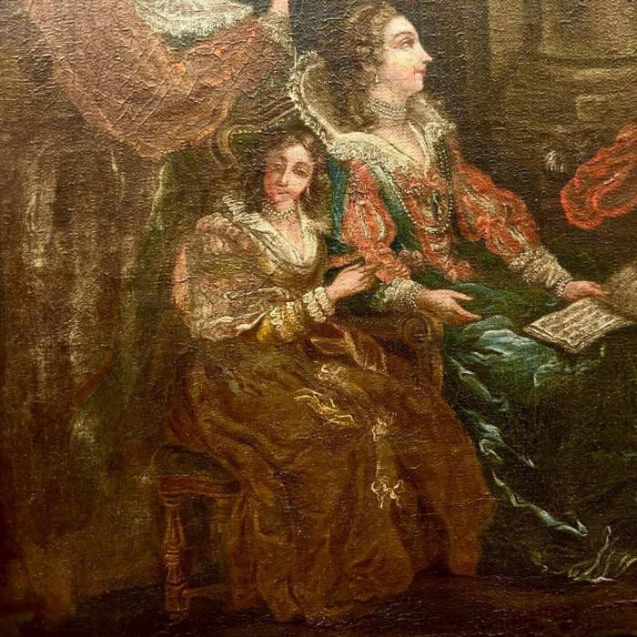 Mid 18th Century Oil Painting Depicting a Scene with Courtesans on Canvas