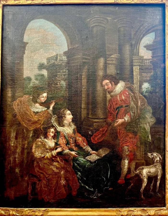 Mid 18th Century Oil Painting Depicting a Scene with Courtesans on Canvas