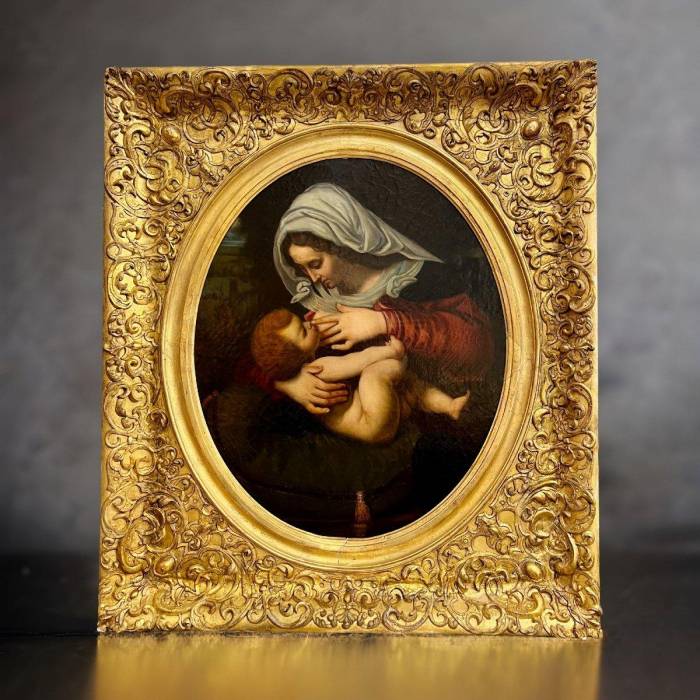 Virgin and Child, Oil Painting in Carved Gilded Frame, 19th Century