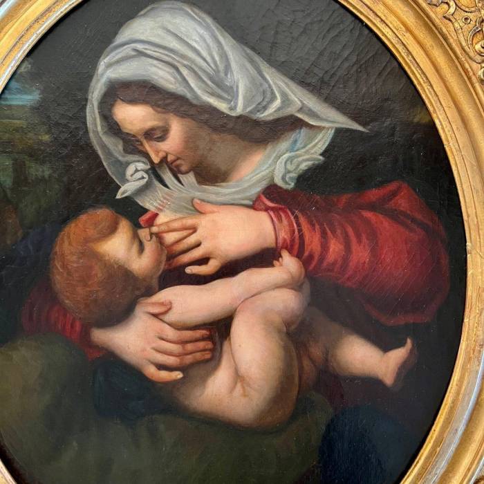 Virgin and Child, Oil Painting in Carved Gilded Frame, 19th Century
