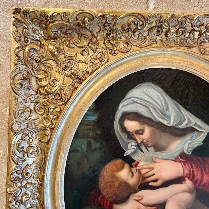 Virgin and Child, Oil Painting in Carved Gilded Frame, 19th Century