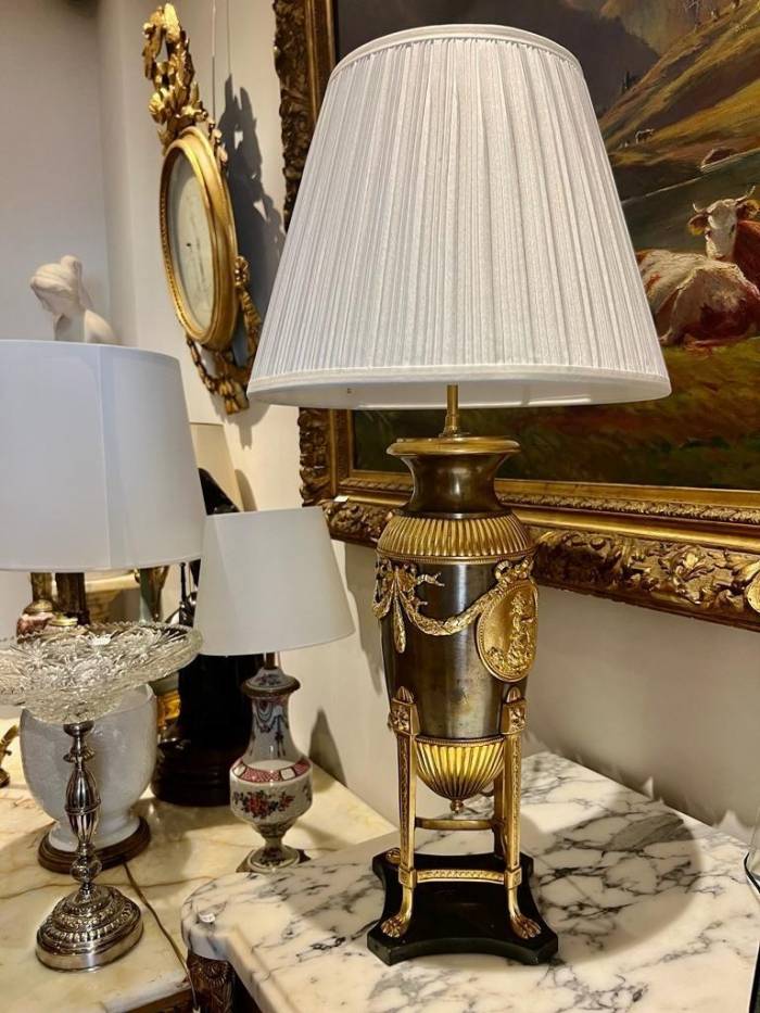 19th-Century Empire-Style Lamp in Gilt Bronze and Brown Patina with Marble Base