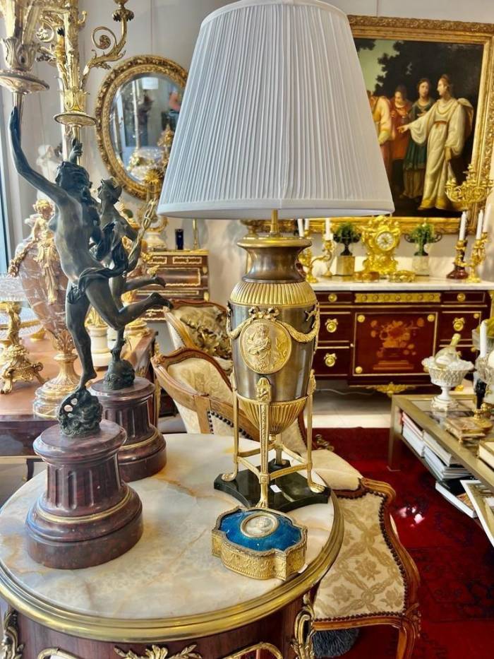 19th-Century Empire-Style Lamp in Gilt Bronze and Brown Patina with Marble Base
