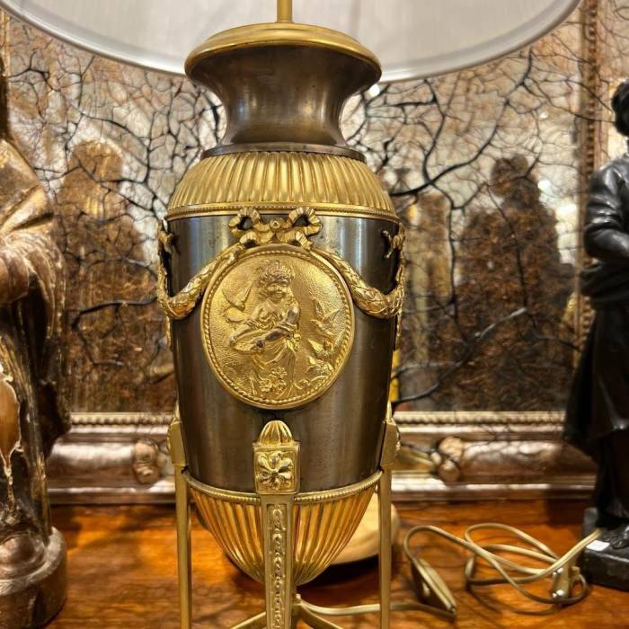19th-Century Empire-Style Lamp in Gilt Bronze and Brown Patina with Marble Base