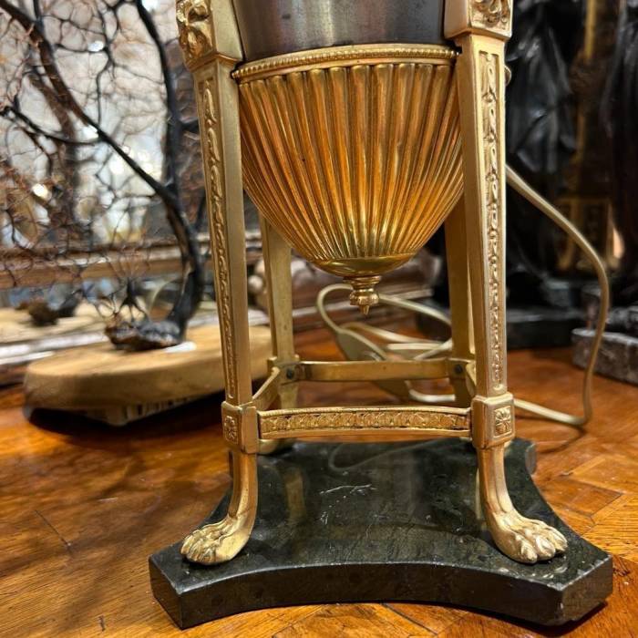19th-Century Empire-Style Lamp in Gilt Bronze and Brown Patina with Marble Base