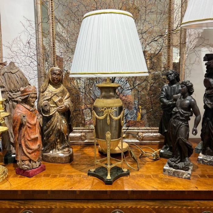 19th-Century Empire-Style Lamp in Gilt Bronze and Brown Patina with Marble Base