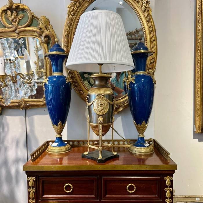 19th-Century Empire-Style Lamp in Gilt Bronze and Brown Patina with Marble Base