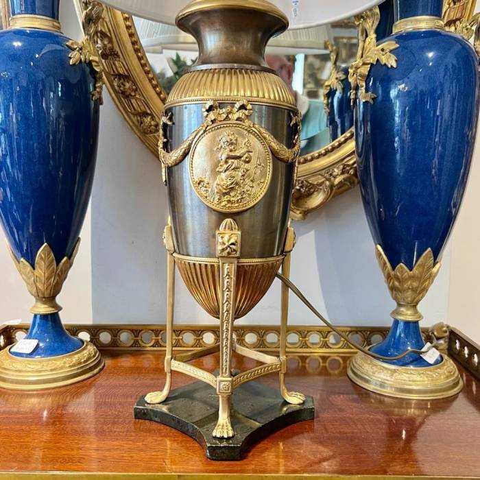 19th-Century Empire-Style Lamp in Gilt Bronze and Brown Patina with Marble Base