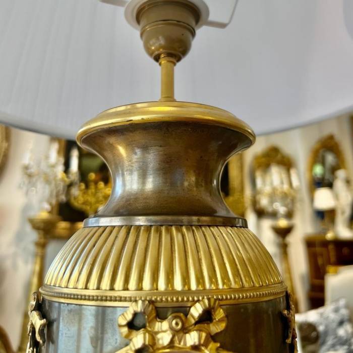 19th-Century Empire-Style Lamp in Gilt Bronze and Brown Patina with Marble Base