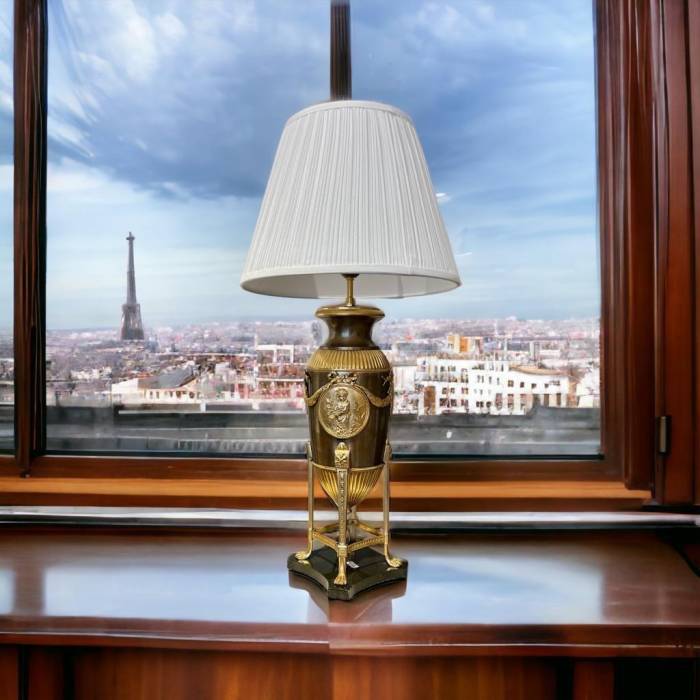 19th-Century Empire-Style Lamp in Gilt Bronze and Brown Patina with Marble Base
