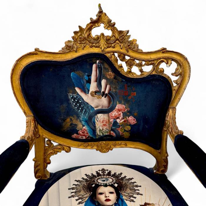 Pair of Louis XV style Gilt Armchairs with Surrealist Iconography Upholstery