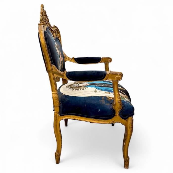 Pair of Louis XV style Gilt Armchairs with Surrealist Iconography Upholstery