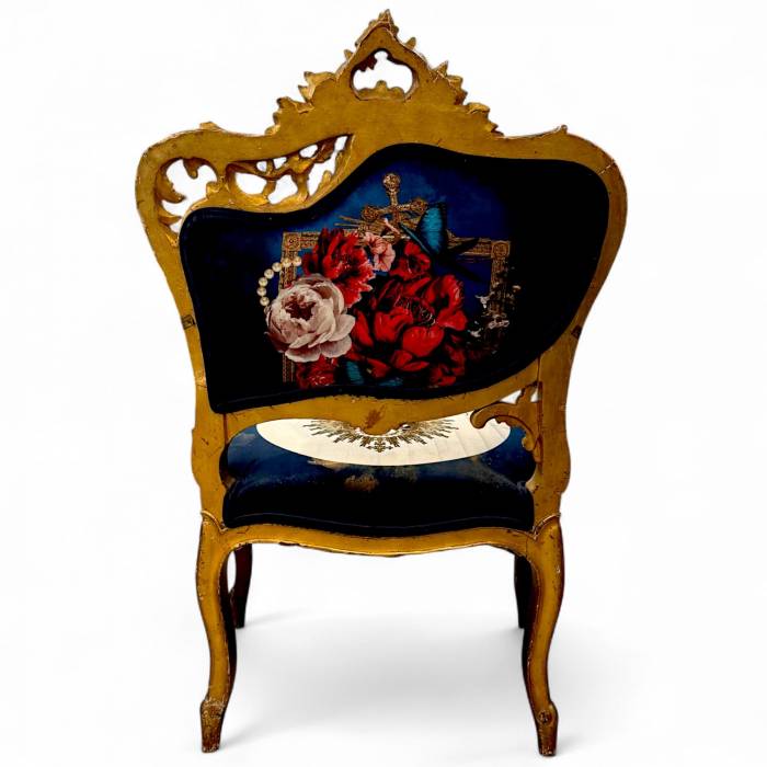 Pair of Louis XV style Gilt Armchairs with Surrealist Iconography Upholstery