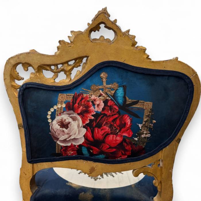 Pair of Louis XV style Gilt Armchairs with Surrealist Iconography Upholstery