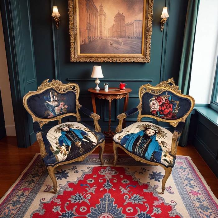 Pair of Louis XV style Gilt Armchairs with Surrealist Iconography Upholstery