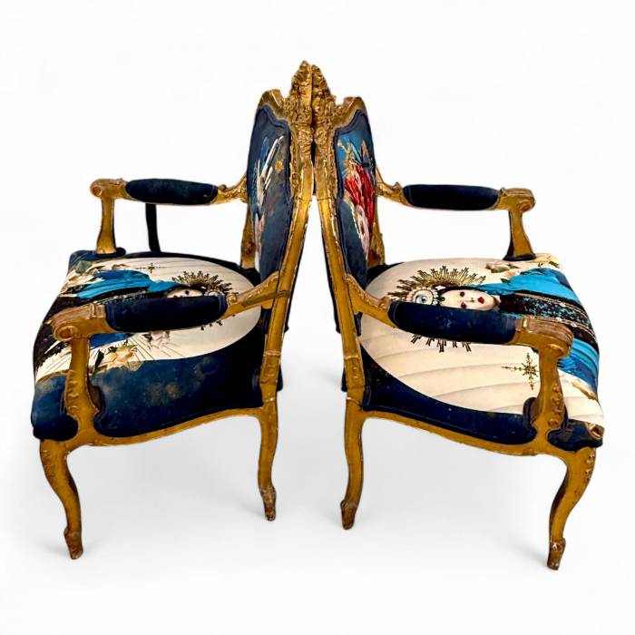Pair of Louis XV style Gilt Armchairs with Surrealist Iconography Upholstery