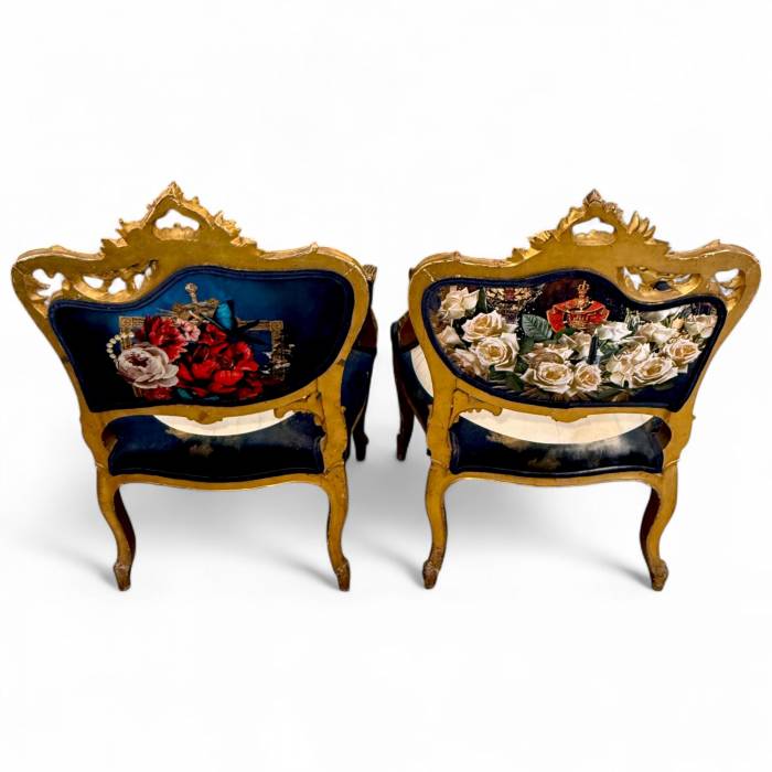 Pair of Louis XV style Gilt Armchairs with Surrealist Iconography Upholstery
