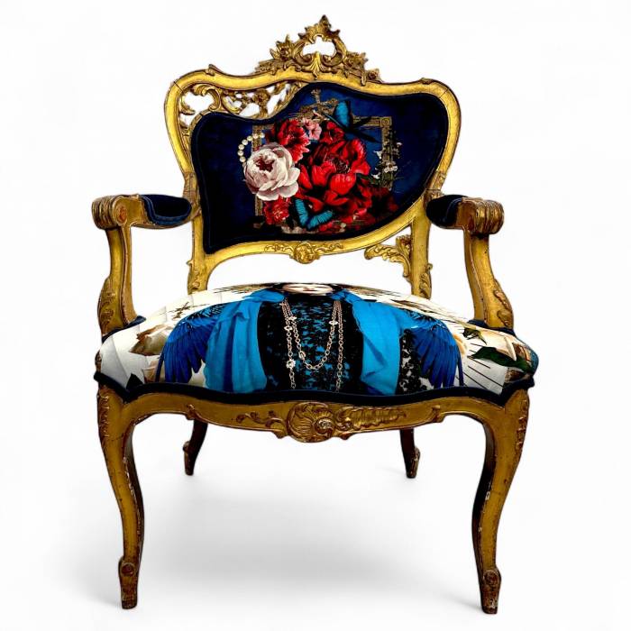 Pair of Louis XV style Gilt Armchairs with Surrealist Iconography Upholstery