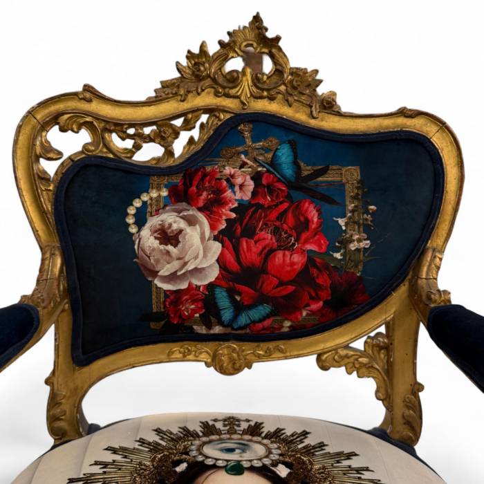 Pair of Louis XV style Gilt Armchairs with Surrealist Iconography Upholstery