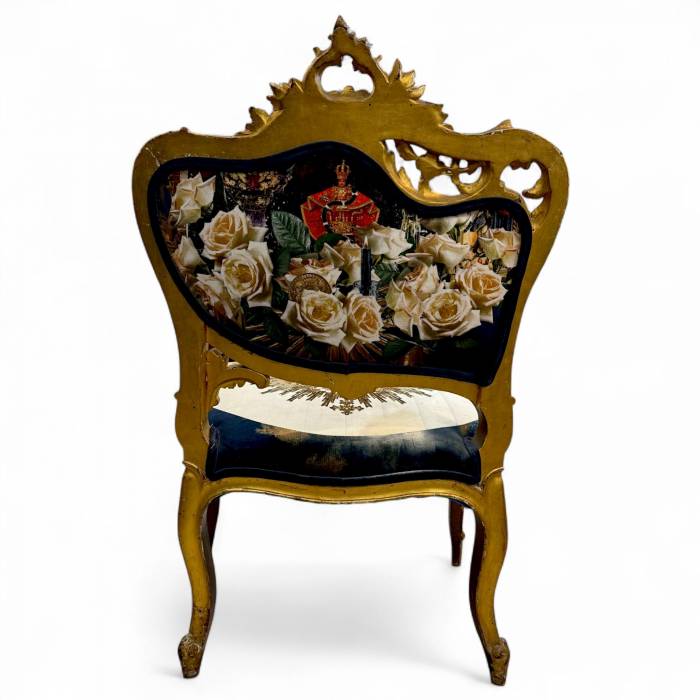 Pair of Louis XV style Gilt Armchairs with Surrealist Iconography Upholstery